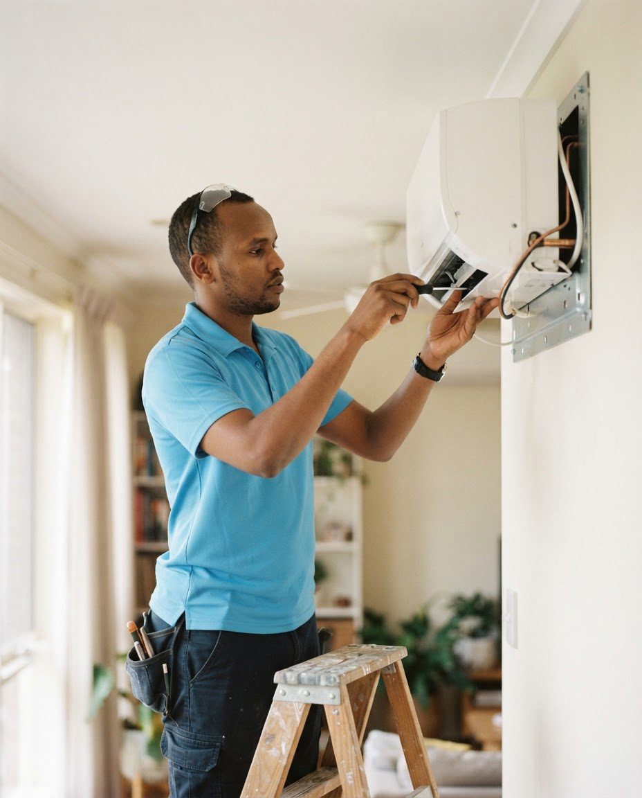 An air conditioning installer fitting a split system