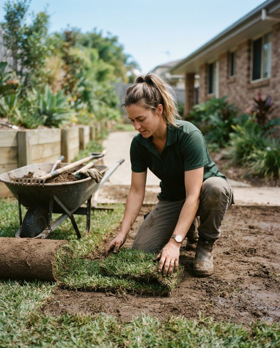 A landscaper measuring up a job