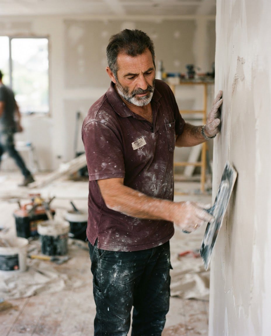 A plasterer finishing a wall