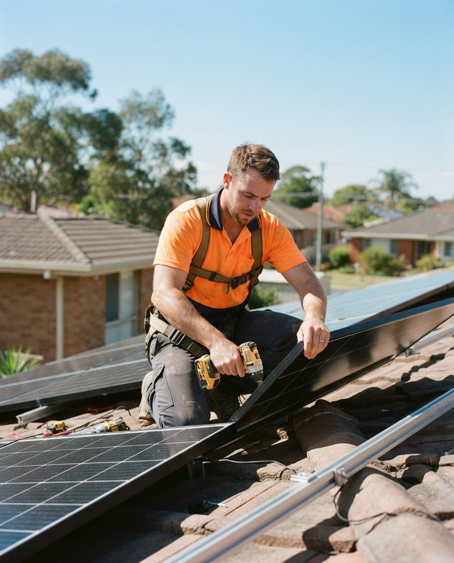 A solar installer fitting panels on a roof