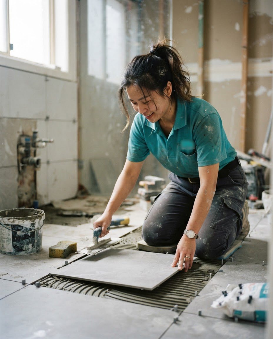 A tiler laying tiles