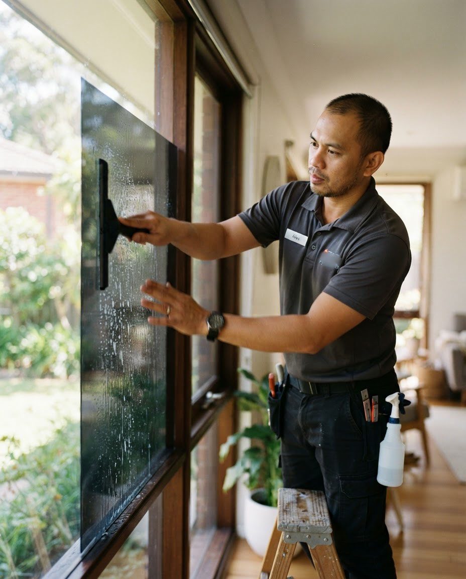 A window tinting professional at work